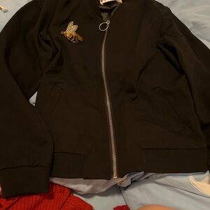 Black Bomber Jacket with Embroidered Bee